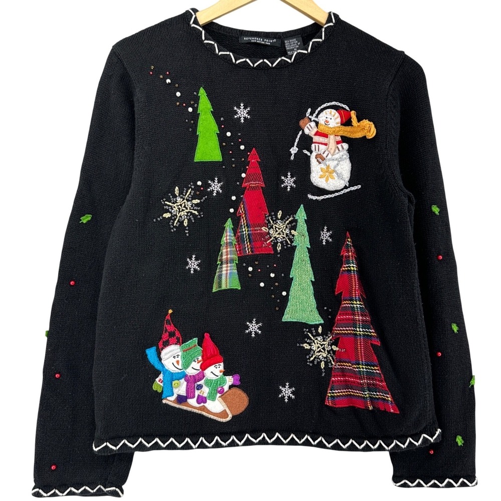90s Reference Point Holiday Snowman Christmas Tree Cardigan Sweater Black M VTG